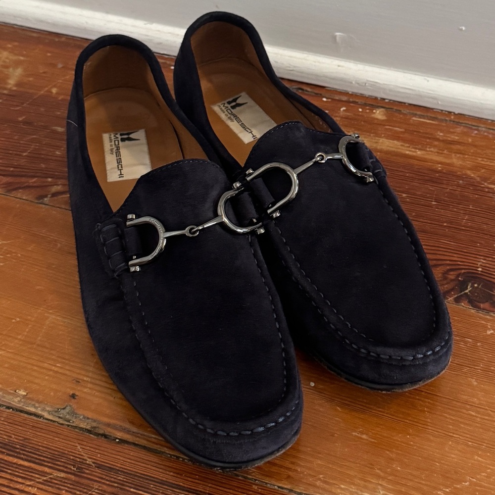 Moreschi Blue Suede Leather Loafers Dress Shoes Silver Horsebit Size 6 Men's
